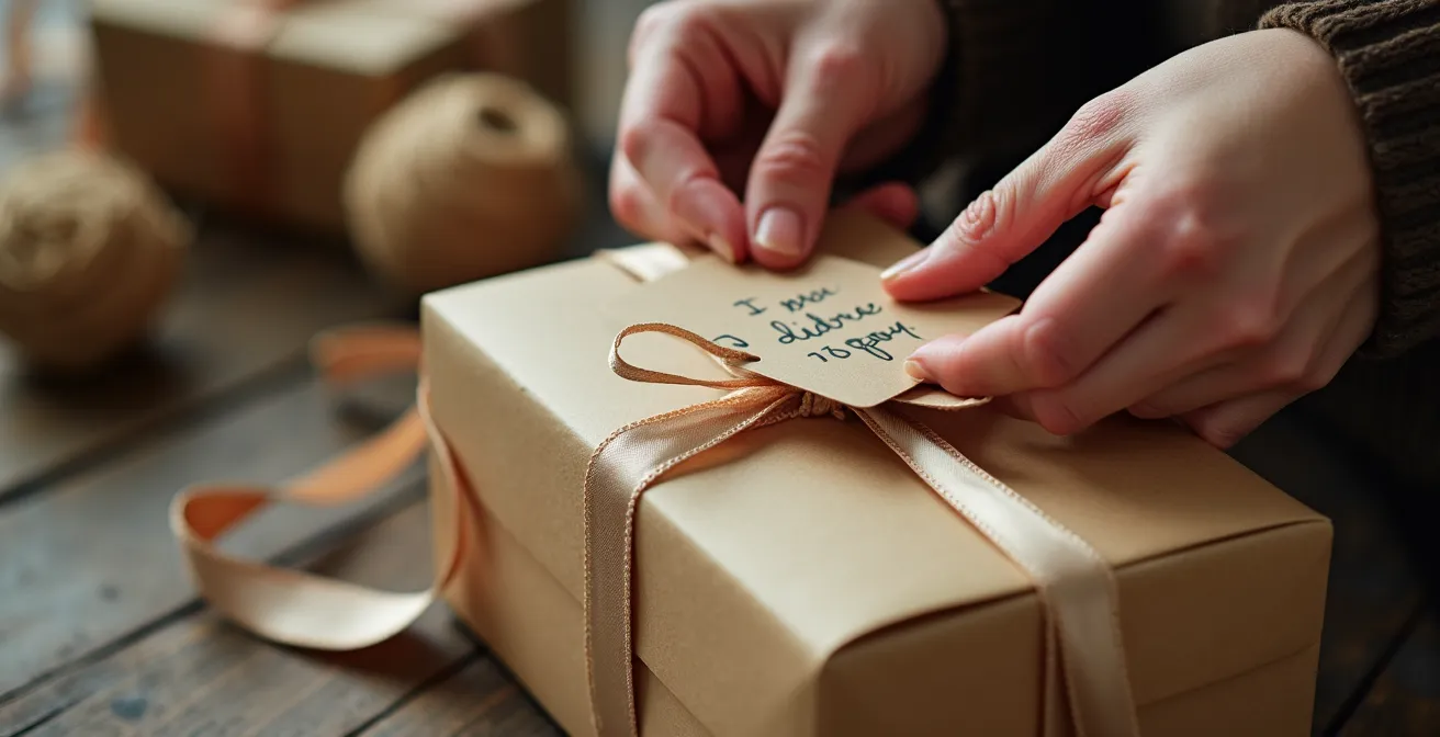 Mains ajoutant des étiquettes manuscrites et rubans personnalisés sur un coffret cadeau élégant