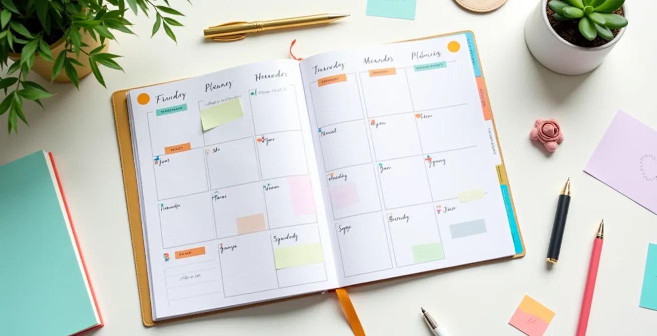 Calendrier avec notes colorées et planning détaillé pour l'organisation des fêtes