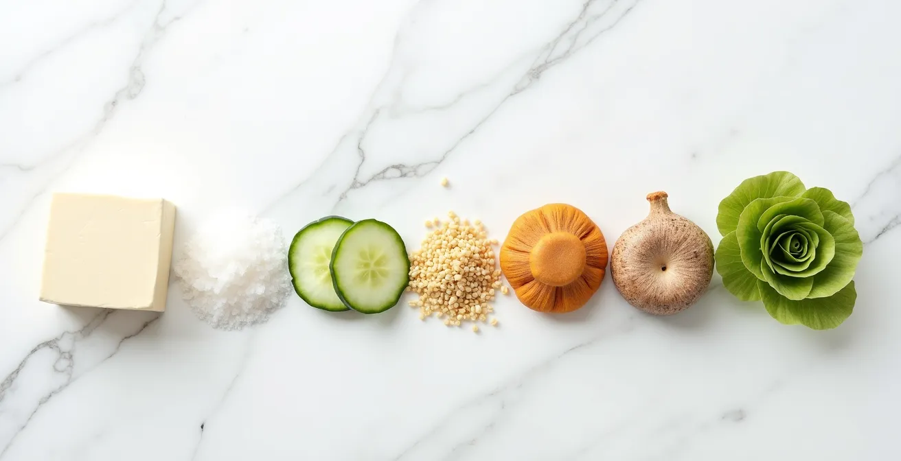 Composition minimaliste de différentes textures alimentaires disposées en progression graduelle sur une surface claire