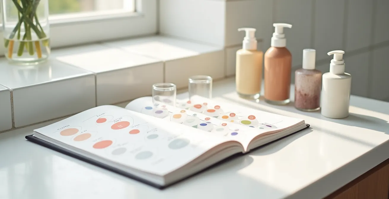 Carnet de notes beauté avec échantillons de produits disposés méthodiquement