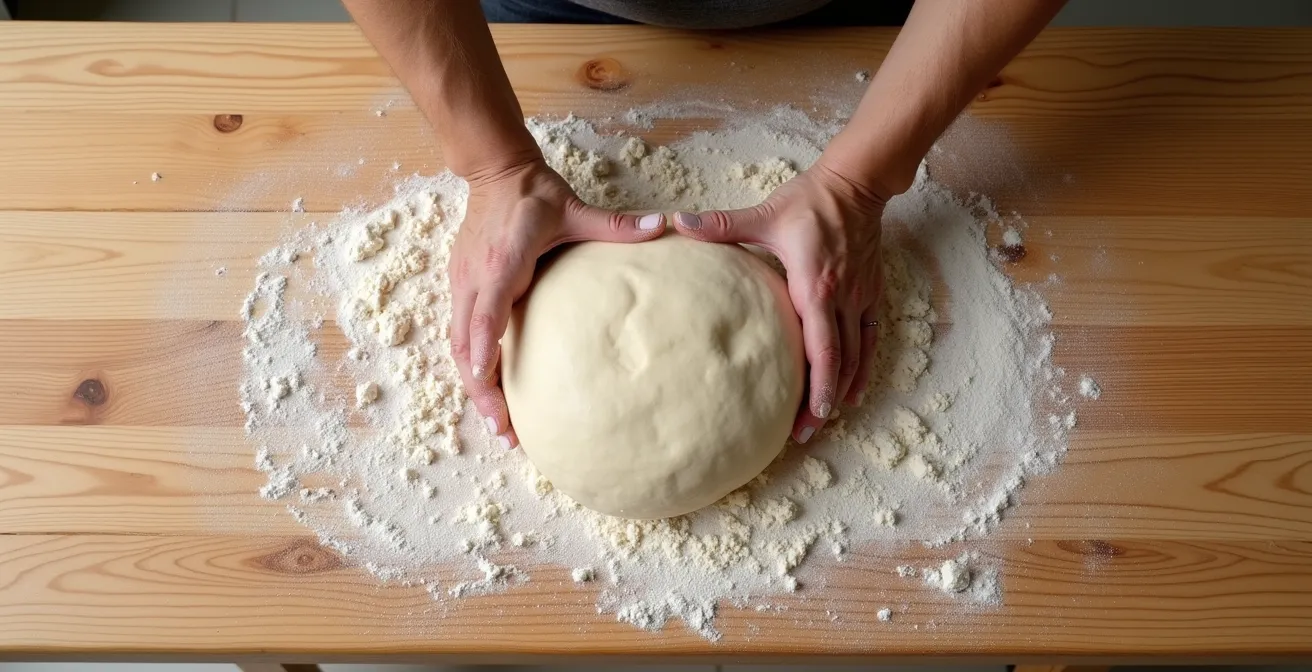 Vue aérienne minimaliste d'un plan de travail avec de la pâte à pain en cours de pétrissage