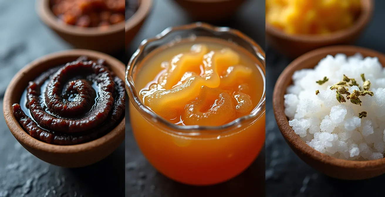 Vue macro de condiments fermentés montrant les textures et les processus de transformation