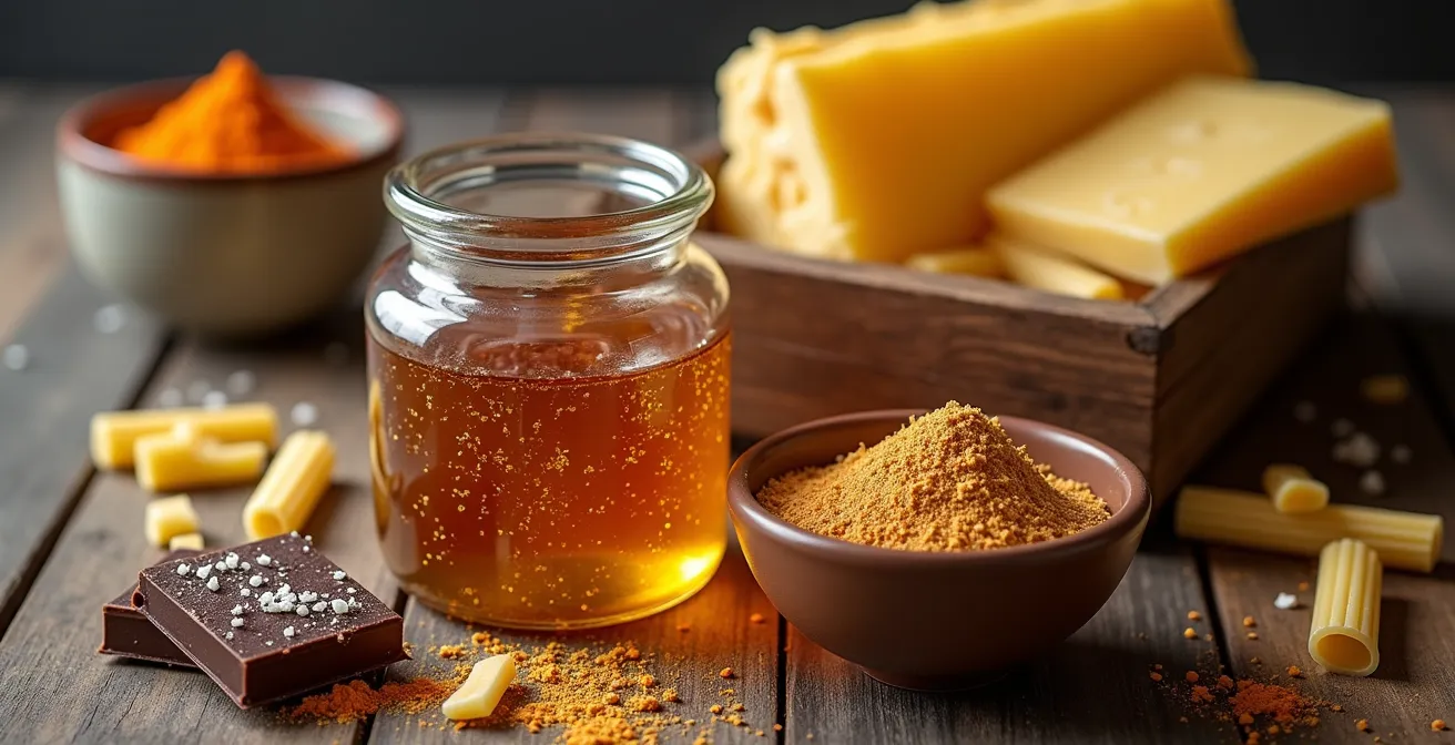 Arrangement de produits gourmands artisanaux pour composition de coffret cadeau