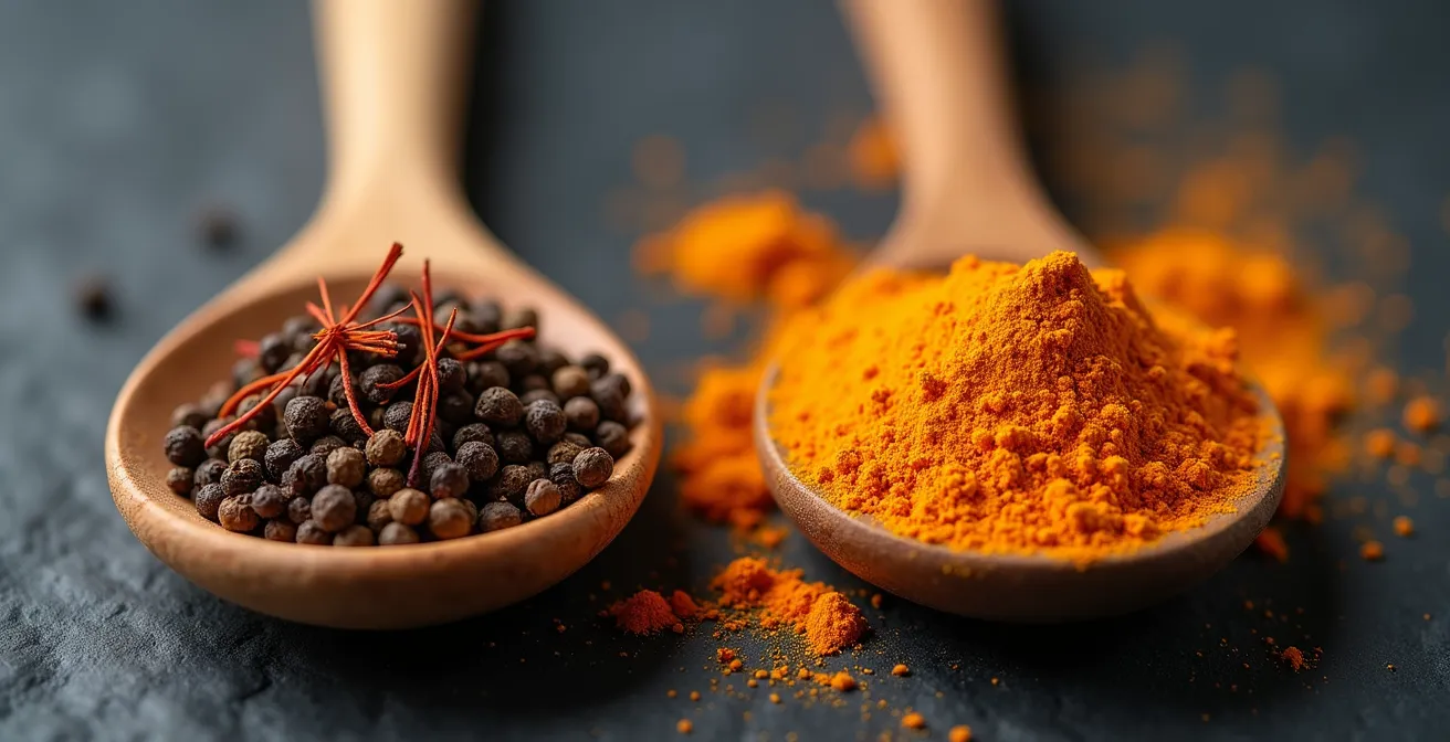 Vue macro détaillée de deux cuillères côte à côte présentant le contraste entre épices naturelles et additifs industriels