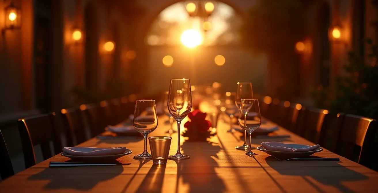 Ambiance lumineuse dramatique créant une atmosphère sensorielle unique pour un dîner