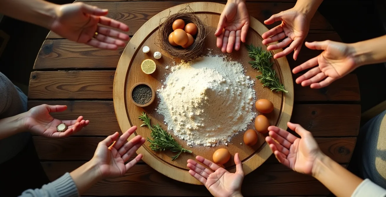 Table de cuisine familiale avec ingrédients disposés en cercle, mains floues en mouvement suggérant l'activité