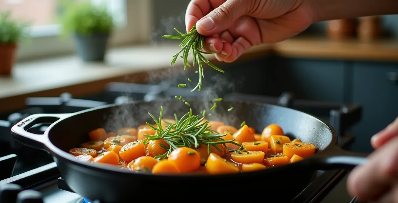 Main de chef ajoutant délicatement du romarin frais dans une poêle en fonte avec légumes rôtis dorés