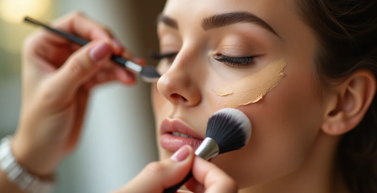Gros plan sur les mains d'une maquilleuse professionnelle appliquant du fond de teint avec un pinceau plat sur une peau
