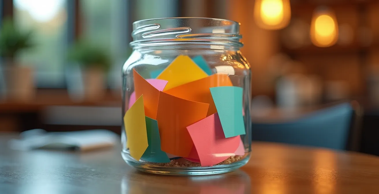 Gros plan sur un bocal en verre contenant des papiers pliés colorés pour tirer des sujets de conversation