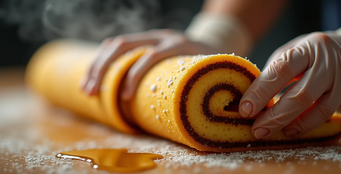 Vue macro détaillée d'un biscuit souple en cours de roulage montrant la texture parfaite