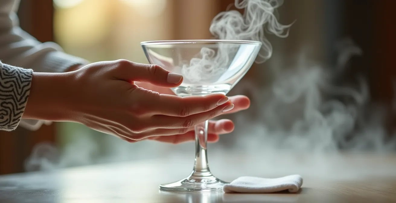 Mains expertes tenant un verre cristallin au-dessus de vapeur avec chiffon microfibre