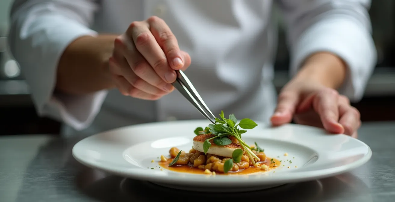 Mains de chef utilisant une pince de précision pour disposer délicatement des herbes sur une assiette