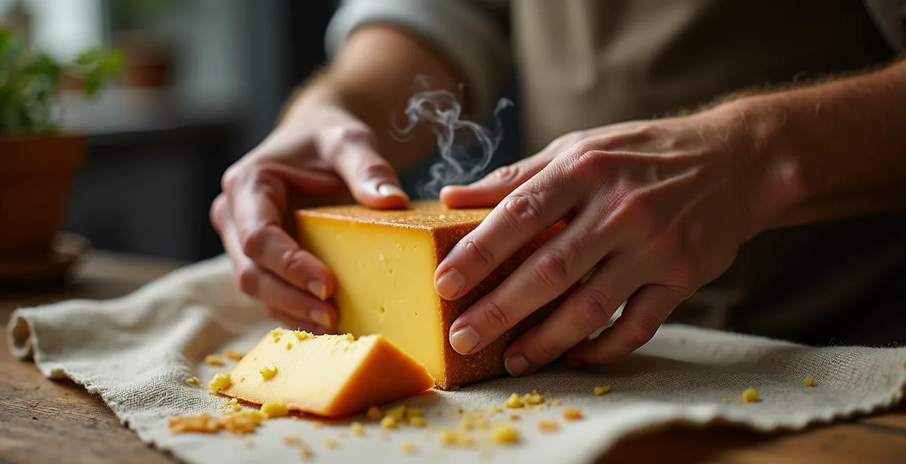 Mains d'artisan fromager appliquant délicatement un linge humide sur une meule de fromage pour la réhydrater