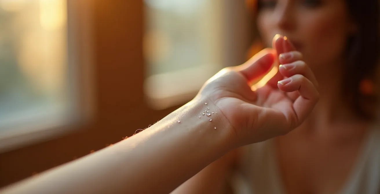 Poignet féminin avec gouttelettes de parfum sur la peau, éclairage latéral doux révélant la texture