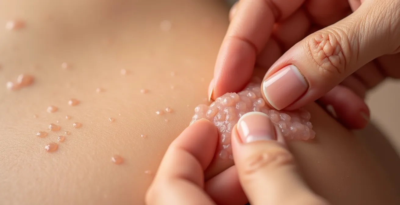 Détail macro d'un test de pincement doux sur une joue pour évaluer l'élasticité cutanée