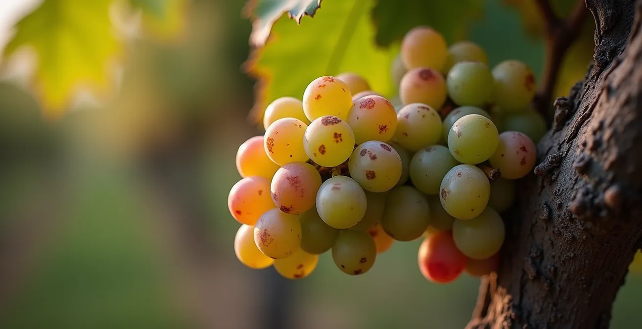 Gros plan sur une vigne centenaire de cépage autochtone rare avec ses grappes caractéristiques