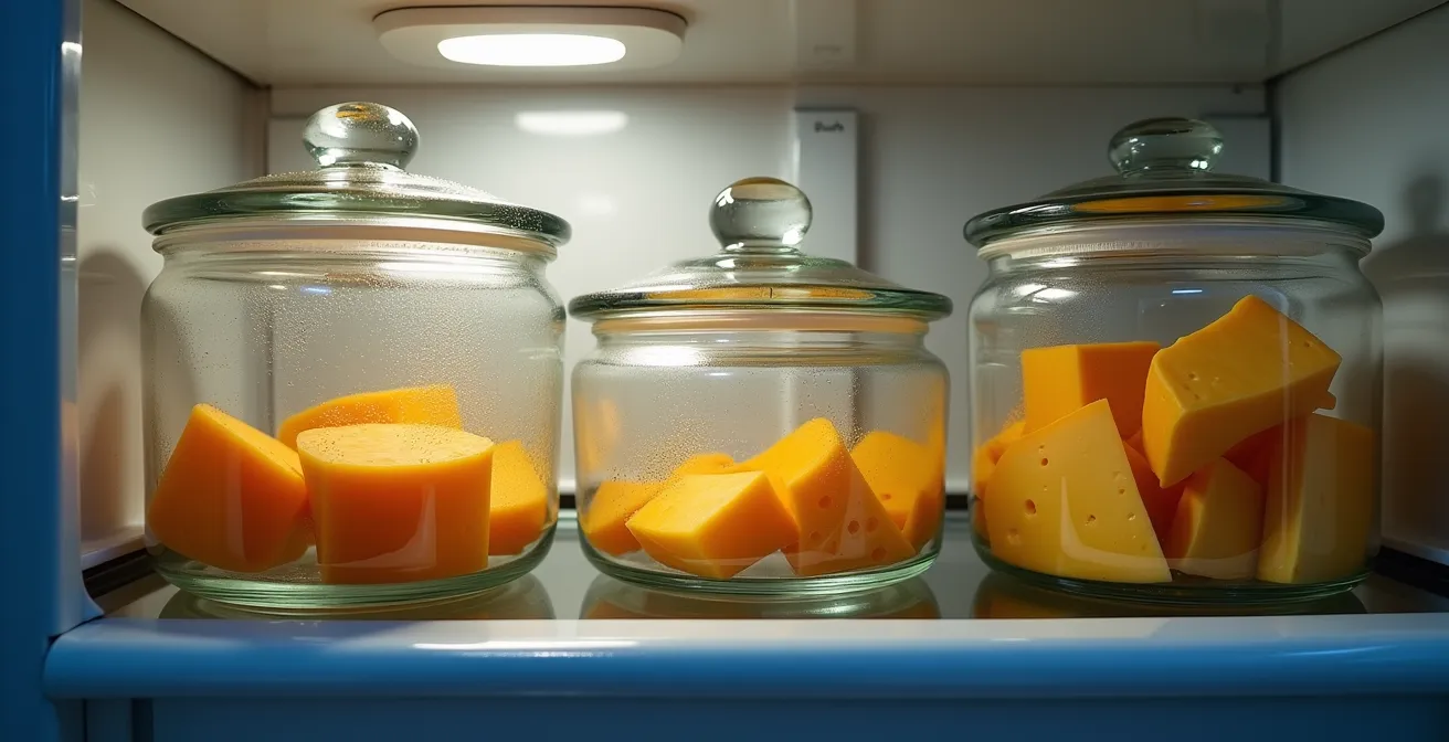 Vue en coupe d'un réfrigérateur montrant trois zones de conservation distinctes pour différents types de fromages