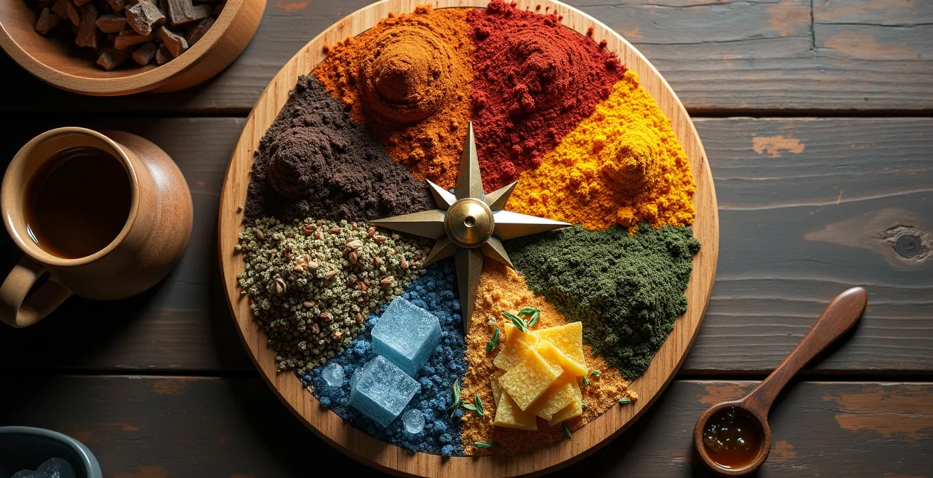 Tableau visuel montrant sept axes de créativité culinaire avec exemples d'ingrédients