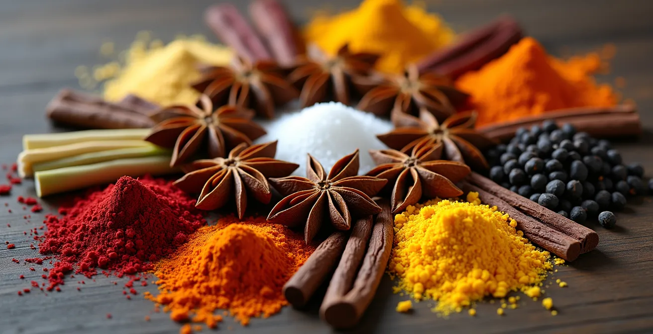 Épices et ingrédients de différentes cultures disposés en cercle harmonieux sur une surface en bois