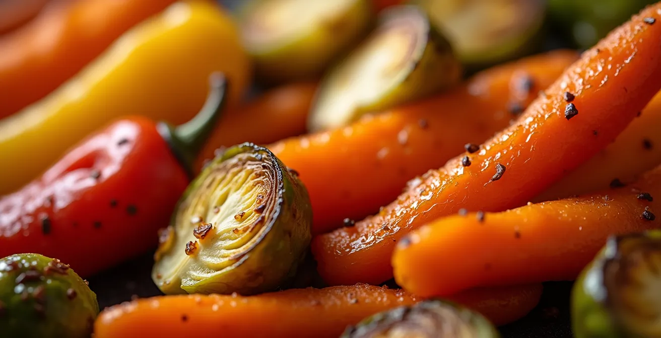 Légumes rôtis dorés avec caramélisation visible, texture croustillante et couleurs intenses