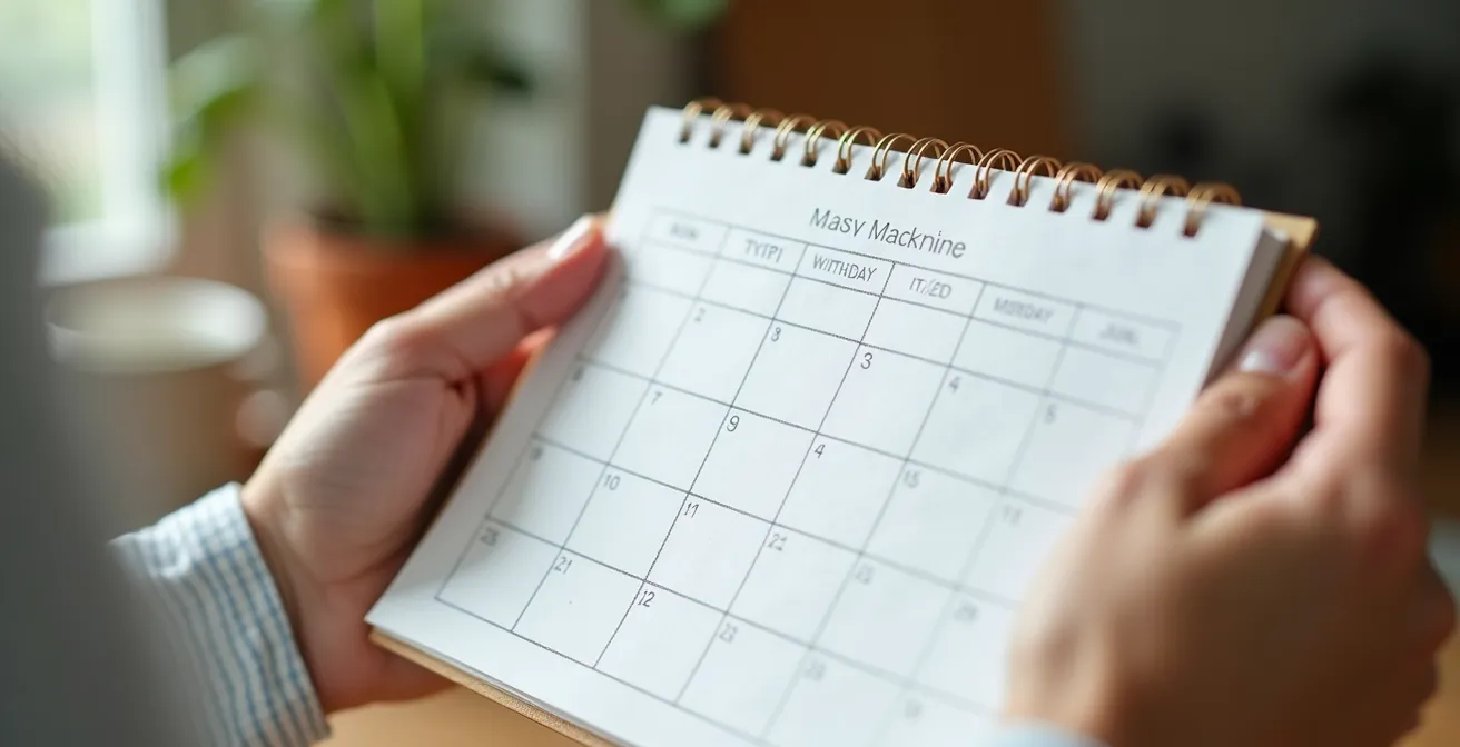 Gros plan sur des mains tenant un calendrier avec des croix marquant le suivi quotidien d'habitudes