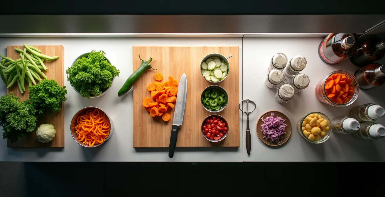 Vue en plongée d'une cuisine moderne divisée en zones fonctionnelles avec système de préparation visible
