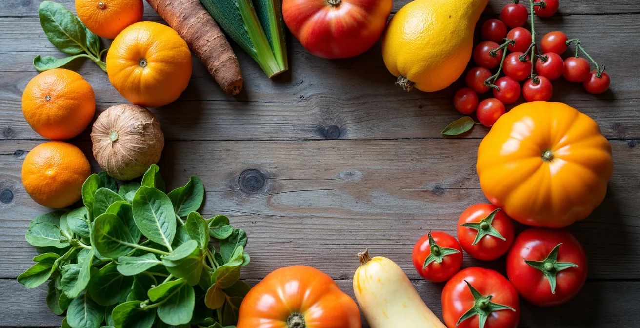 Roue des saisons circulaire avec fruits et légumes disposés selon leur période de récolte