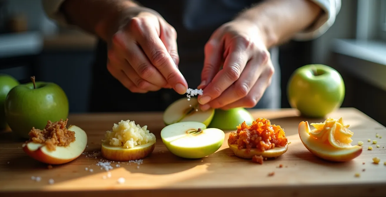 Vue aérienne d'un plan de travail avec 5 ingrédients déclinés en multiples états