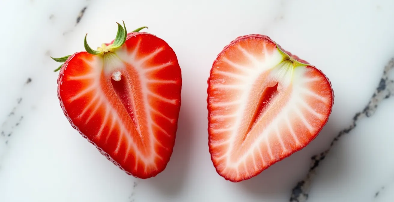 Gros plan macro sur une coupe de fraise montrant les différences de texture et couleur entre fraise de saison et hors saison