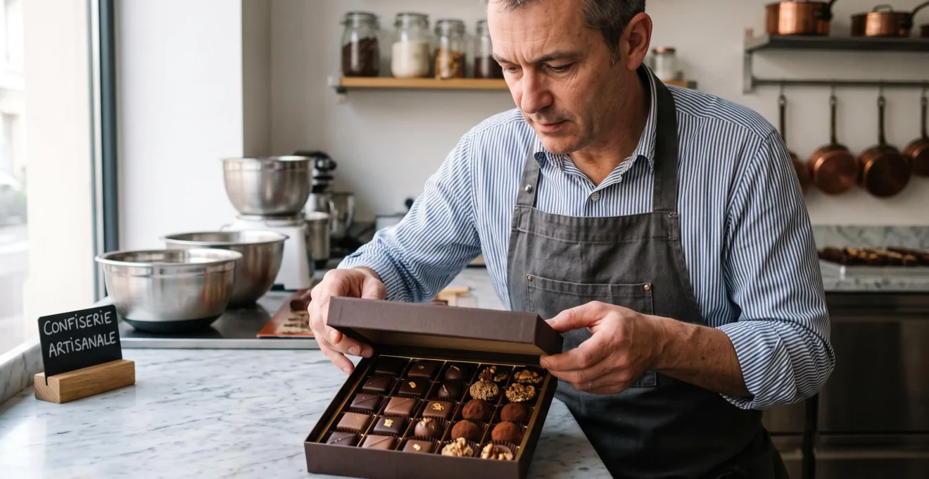 Chocolatier refermant un coffret de dégustation rempli de chocolats assortis dans un atelier artisanal français.