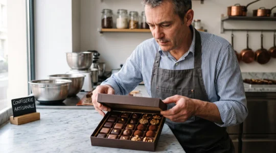 Chocolatier refermant un coffret de dégustation rempli de chocolats assortis dans un atelier artisanal français.