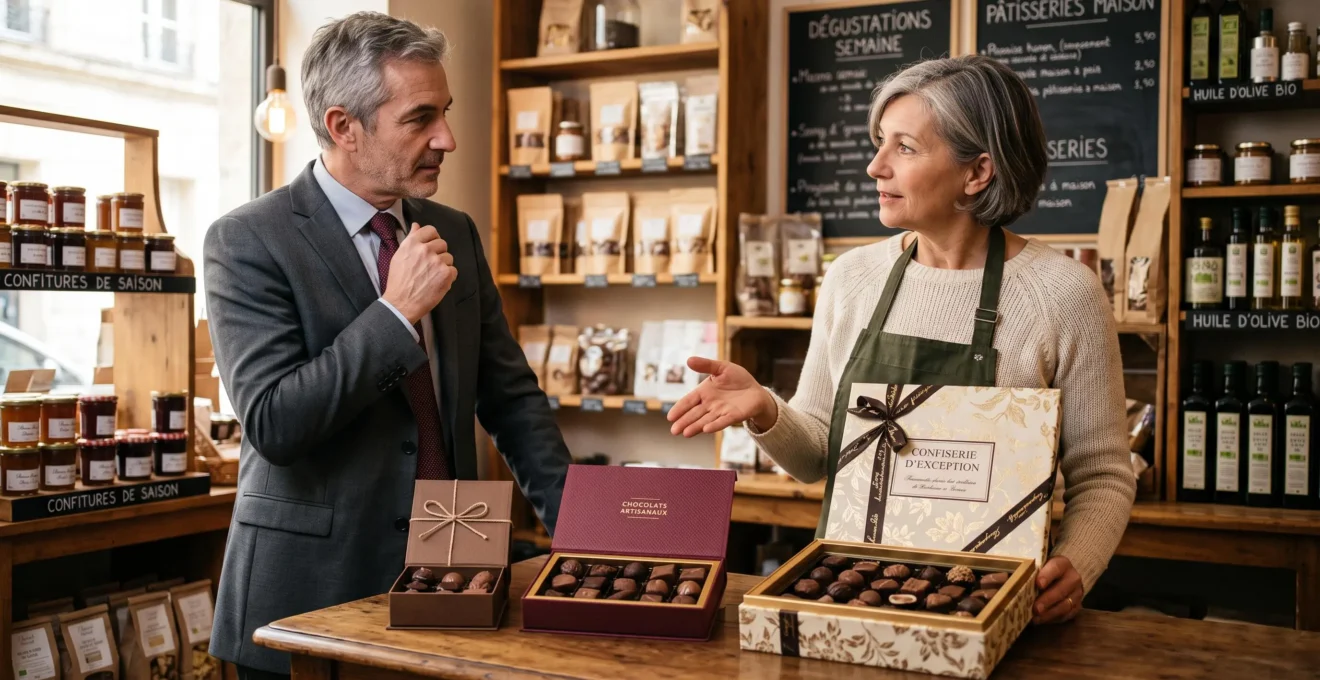 Conseillère présentant trois coffrets de chocolats de tailles différentes à un client dans une épicerie fine française.