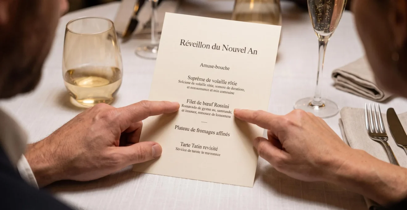 Un couple compare une formule de réveillon du Nouvel An imprimée sur une table de restaurant en France.