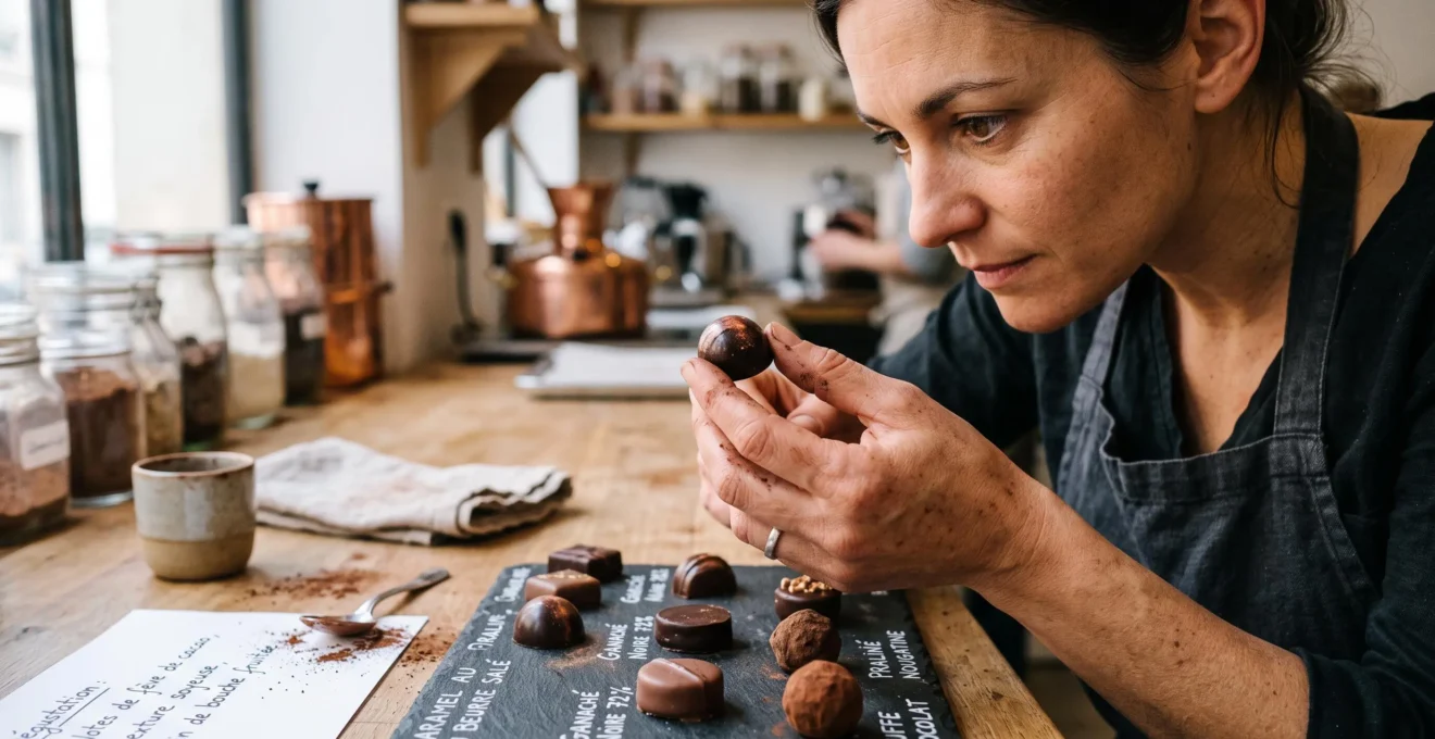 Experte en chocolat examinant une praline parmi un assortiment de dégustation sur une ardoise.