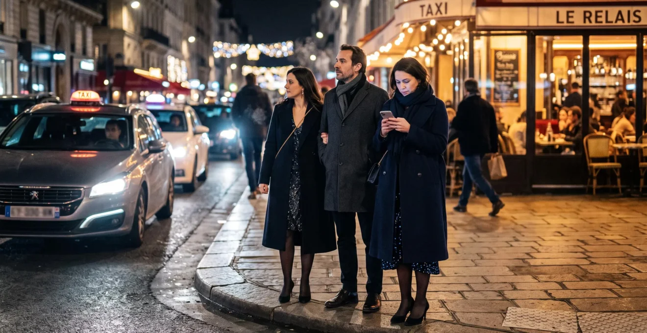 Trois personnes habillées pour la soirée attendent un taxi sur un trottoir de ville française après minuit le soir du Nouvel An.