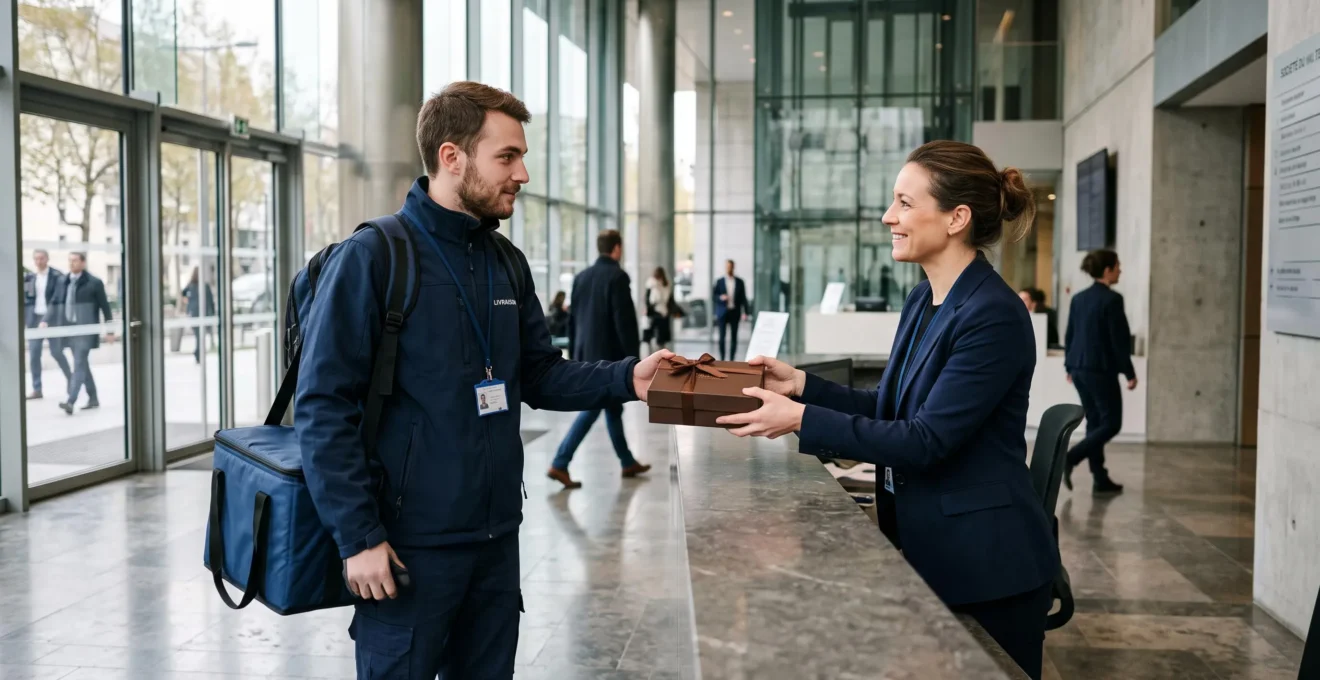 Livreur remettant un coffret de chocolats à une hôtesse d'accueil dans le hall d'un immeuble de bureaux français.