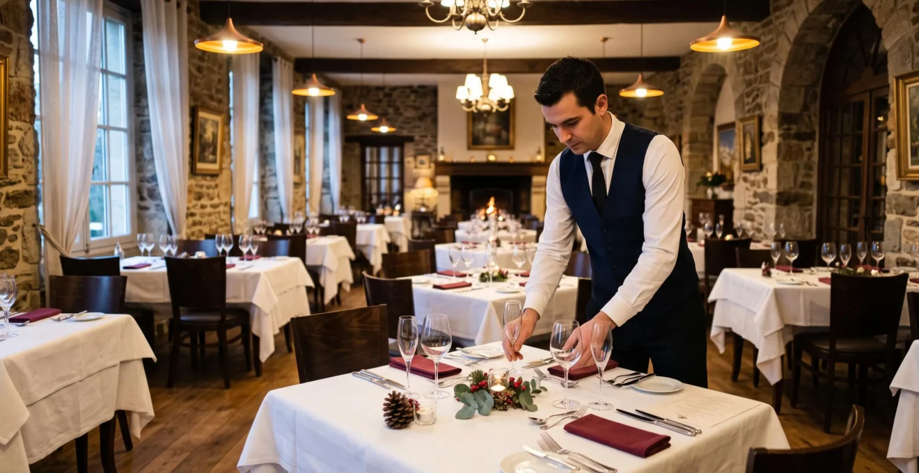 Un serveur finalise la mise en place d'une table dressée dans une salle de restaurant préparée pour le réveillon du Nouvel An.