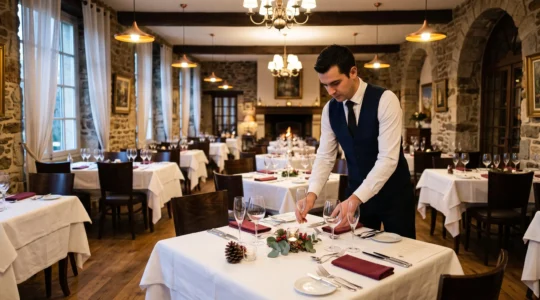 Un serveur finalise la mise en place d'une table dressée dans une salle de restaurant préparée pour le réveillon du Nouvel An.